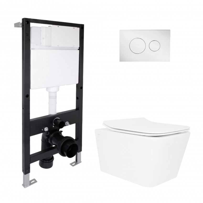 Готове рішення Qtap для ванної кімнати: підвісний унітаз Crow Rimless 520x360x290 + комплект інсталяції Standard (кругла клавіша Chrome) QTAP
