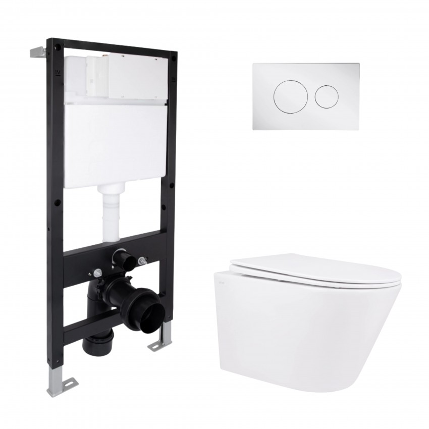 Готове рішення Qtap для ванної кімнати: підвісний унітаз Swan Rimless 520x360x320 + комплект інсталяції Standard (кругла клавіша Chrome) QTAP