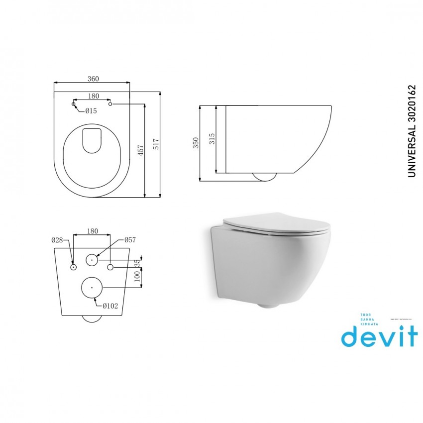 3020162 UNIVERSAL Унітаз підвісний безобідковий  quick-fix, soft-close (1 сорт) DEVIT