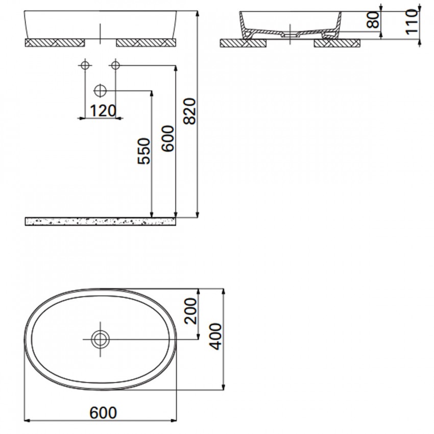 LP160-00CM00E-0000  Раковина Loop на стільницю  40x60 см, Cappucino Matt (1 сорт) Creavit фото 3