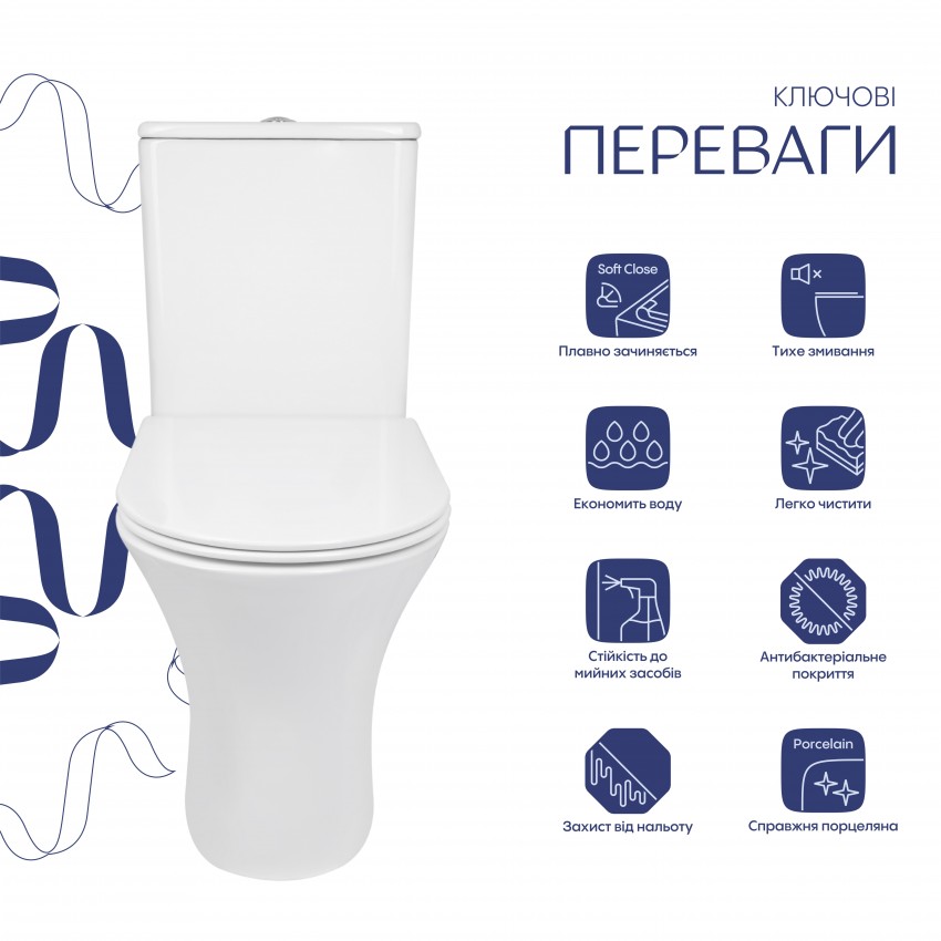 Унітаз підлоговий Presto Ultra Quiet 640×340×790 мм, White, з сидінням Slim Duroplast/ Soft-close/ Quick Release QTPRE27W51022 Qtap QTAP фото 2