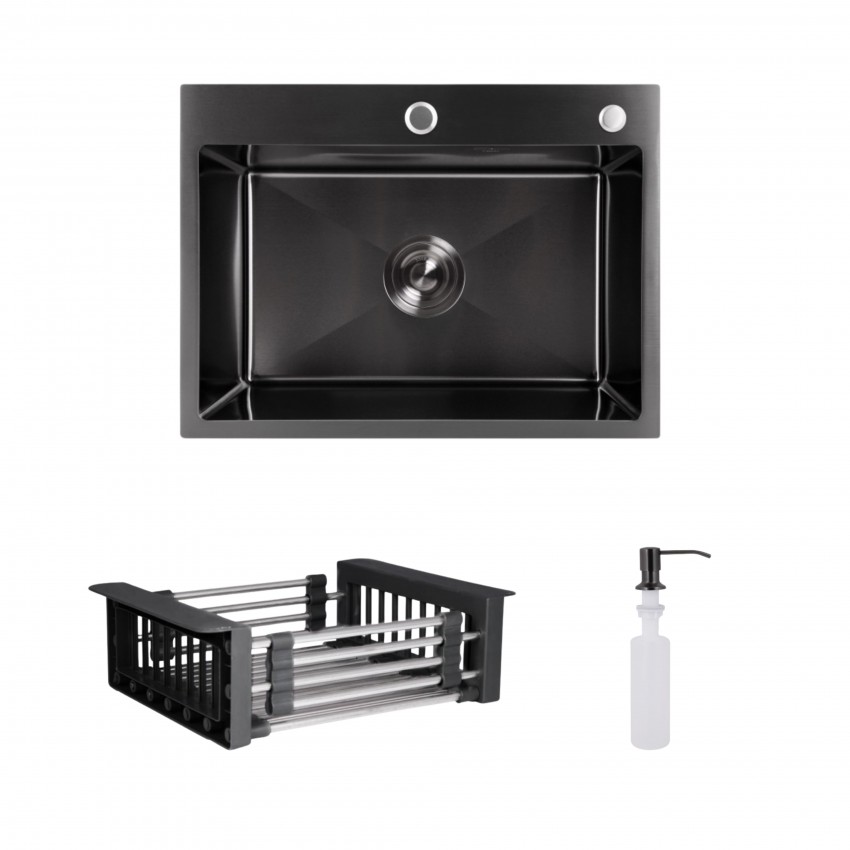 Комплект Lidz: Handmade H5843B Мийка для кухні інтегрована Brushed Black PVD у комплекті з дозатором + Кошик для кухонної мийки K01B LIDZ