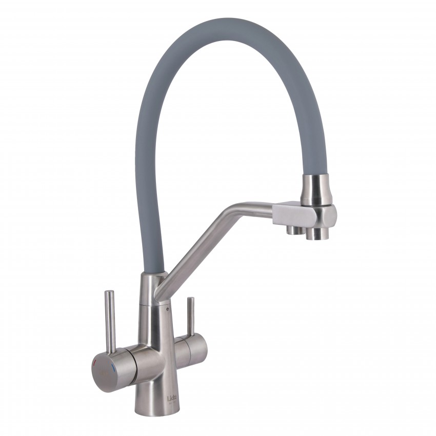 Змішувач для кухні Aria 020F3, Nickel/Grey (k35) з гнучким виливом і підключенням для питної води LDARI020F3GNK39211 Lidz LIDZ