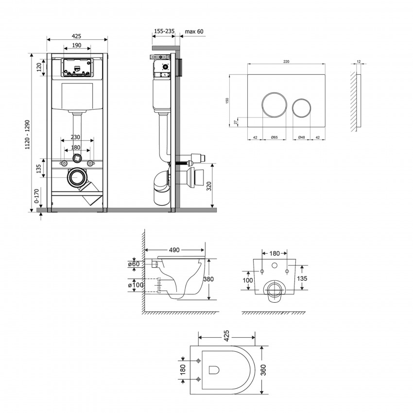 Готове рішення Qtap для ванної кімнати: підвісний унітаз Taurus Ultra Quiet 485×360×350 + комплект інсталяції Nest 4 в 1 (кругла клавіша Matt Black) QTAP фото 1