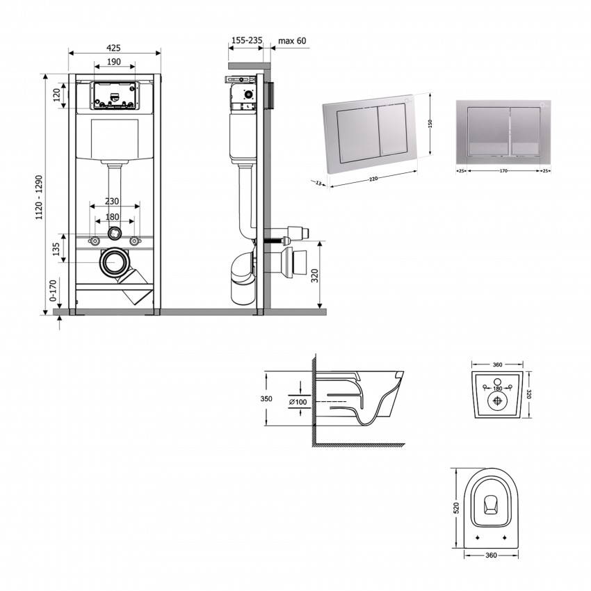 Готове рішення Qtap для ванної кімнати: підвісний унітаз Jay Ultra Quiet 520x360x320 + комплект інсталяції Nest 4 в 1 (квадратна клавіша Satin) QTAP фото 1