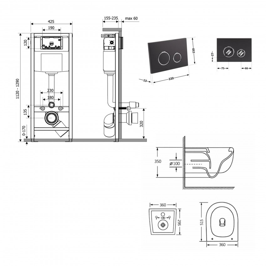 Готове рішення Qtap для ванної кімнати: підвісний унітаз Taurus Ultra Quiet 515×360×350 + комплект інсталяції Nest 4 в 1 (кругла клавіша Matt Black) QTAP фото 1