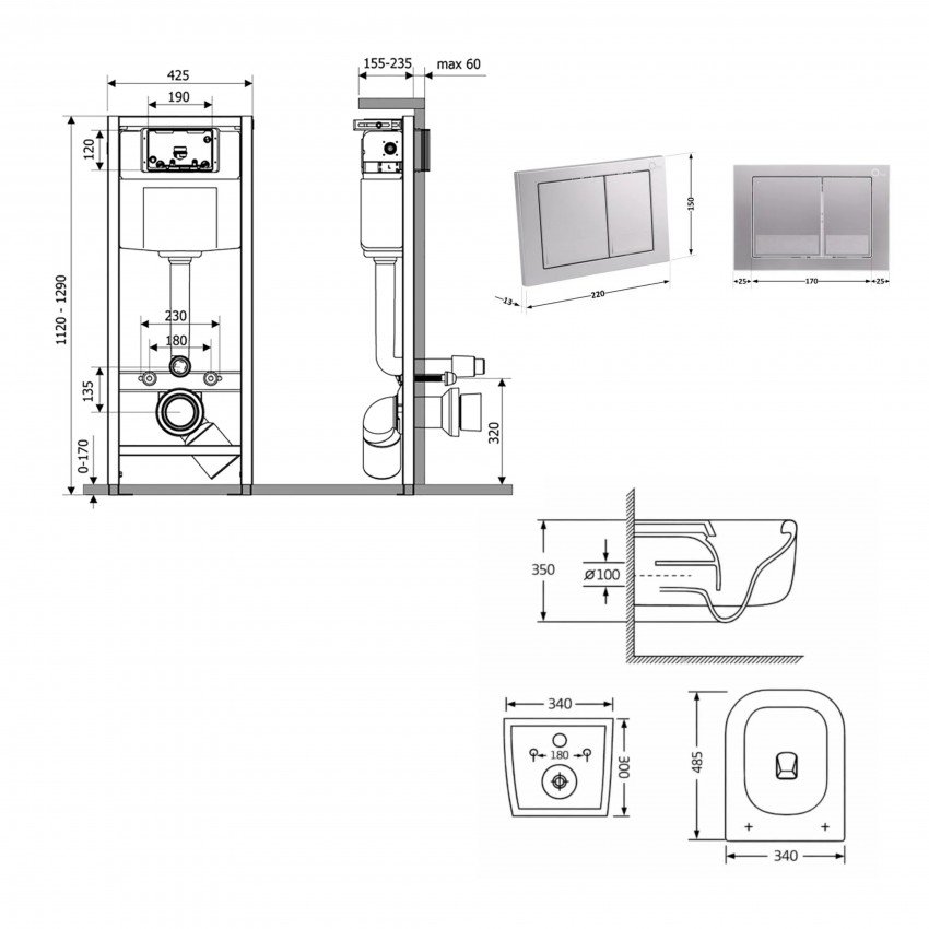 Готове рішення Qtap для ванної кімнати: підвісний унітаз Gemini Ultra Quiet 485×340×350 + комплект інсталяції Nest 4 в 1 (квадратна клавіша Satin) QTAP фото 1